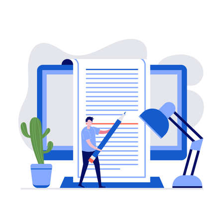 Copywriting vector illustration concept with characters. Modern vector illustration in flat style for landing page, mobile app, poster, flyer, template, web banner, infographics, hero images.のイラスト素材