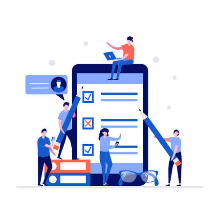 Mobile survey vector illustration concept with characters. Modern flat style for landing page,...