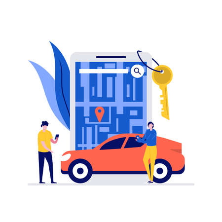 Car sharing service vector illustration concept with characters. People using mobile application for rent car and share transport online. Modern flat style for web banner, infographics, hero images.のイラスト素材