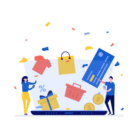 Online shopping concept with characters. Modern vector illustration in flat style for landing page, mobile app, poster, flyer, template, web banner, infographics, hero images.のイラスト素材