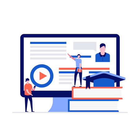 Elearning concept with characters standing near computer screen and books. Modern vector illustration in flat style for landing page, mobile app, template, web banner, infographics, hero images.のイラスト素材