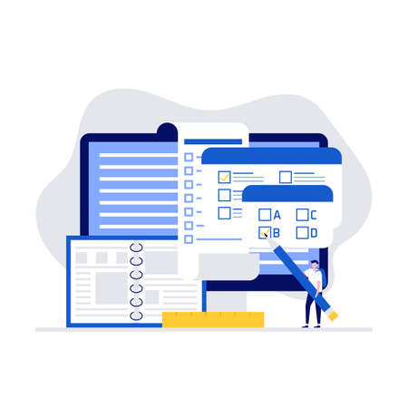 Online examination platform vector illustration concept with big computer and test site. Modern vector illustration in flat style for landing page, mobile app, web banner, infographics, hero images.のイラスト素材