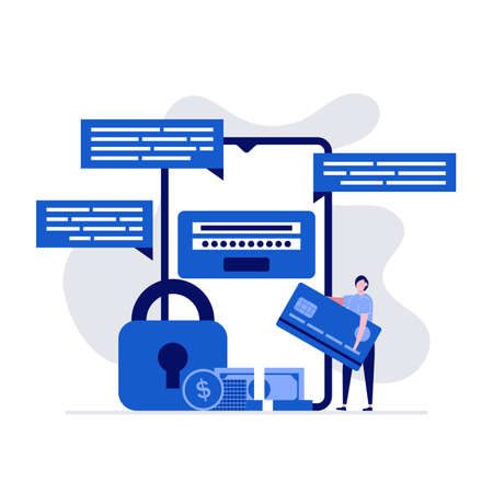 Mobile payment and financial transaction concept with characters standing near smartphone and credit card. Modern vector illustration in flat style for landing page, mobile app, hero images.のイラスト素材
