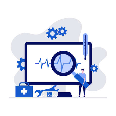 Computer repair, computer service, diagnostics concepts with character and monitor. Modern vector illustration in flat style for landing page, mobile app, web banner, infographics, hero images.のイラスト素材