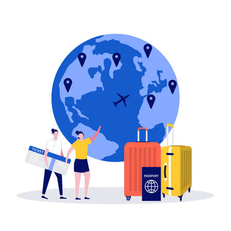 World traveling, international journey, summer vacation concept with people character. Modern vector illustration in flat style for landing page, mobile app, web banner, infographics, hero images.のイラスト素材