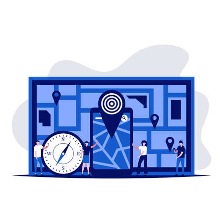 Geo location, navigation concept with character. Cartography mapping, discovery, geotag, tourism geolocation. Location pin on perspective city map.のイラスト素材