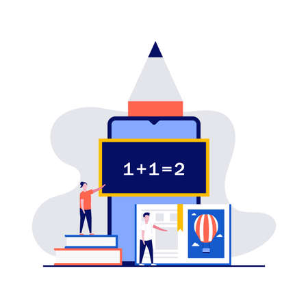 E-learning for kids concept with characters. Online early childhood education courses. Online preschool games, home schooling. Modern vector illustration in flat style for landing page, hero images.のイラスト素材