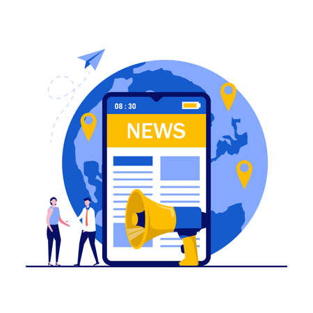 Mobile news app, digital worldwide media, internet press release concept with characters. People standing near big smartphone and reading online news. Modern vector illustration in flat style.のイラスト素材