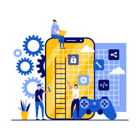 Mobile game development, gaming industry concepts with character, joystick. Smartphone game programming. Modern flat style for landing page, mobile app, poster, flyer, web banner, hero images.のイラスト素材
