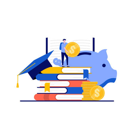 Student loan interest rates concept with character. Student stand near pile of books, graduation hat, stack of coins. Modern flat style for landing page, mobile app, web banner, hero images.のイラスト素材