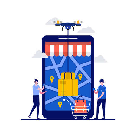 Fast modern delivery by quadcopter concept with character. People stand near smartphone controlling drone with parcel. Modern flat style for landing page, mobile app, infographics, hero images.のイラスト素材
