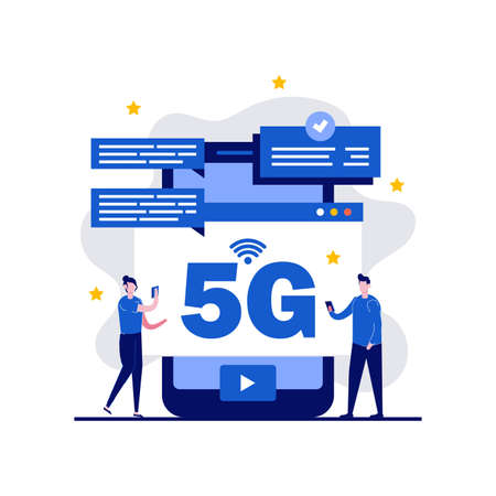 5G network wireless internet technology concept with character. High-speed mobile internet connection modern business. Modern flat style for landing page, mobile app, infographics, hero images.のイラスト素材