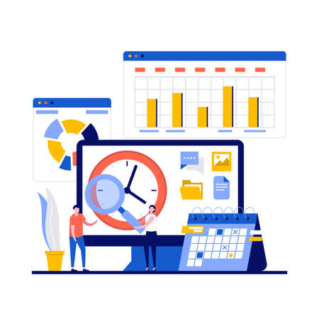 Time management concept with character, clock and graphs. People stand near computer and planning day in order to manage time and achieve success. Modern flat style for landing page, hero images.のイラスト素材
