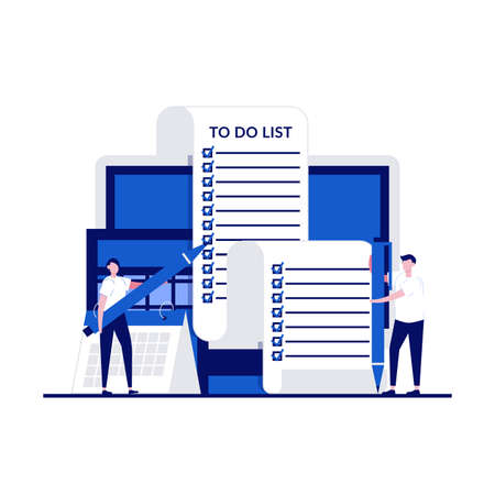 Big task document concept with character. Business people standing at long to do list. People looking at paper sheet. Modern flat style for landing page, mobile app, infographics, hero images.のイラスト素材