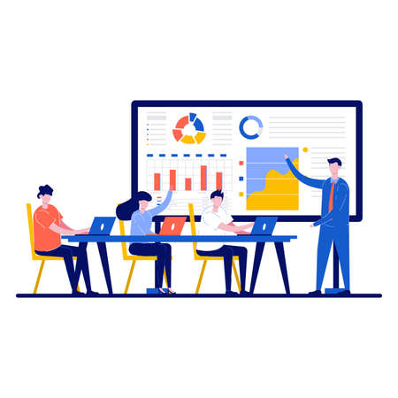 Office work concept with character. Corporate workflow process. Business team meeting and working together at the big desk using laptops. Modern flat illustration for landing page, hero image.のイラスト素材