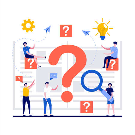 Solution search, problem solving concepts with character. Businesspeople finding difficult answer or solution, cube with question mark. Workflow organization and processes optimization tips.のイラスト素材