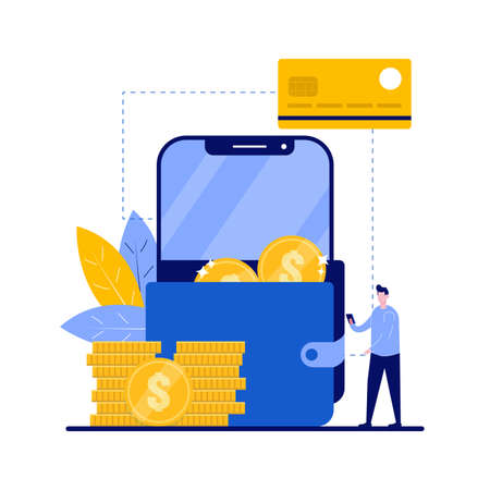Smart wallet concept with character. Cryptocurrency withdraw, e-payment. Credit card, digital and mobile wallet. Financial and banking service. Modern flat illustration for landing page, hero images.のイラスト素材
