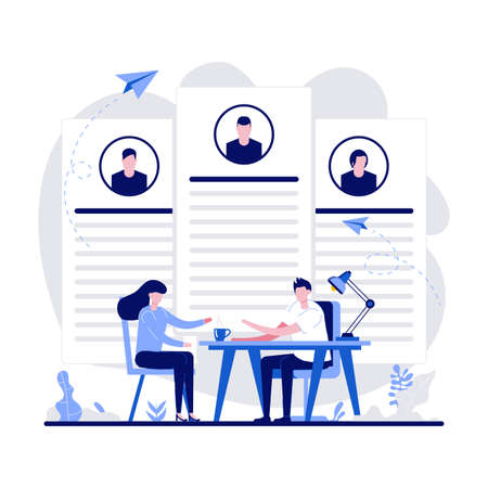Job interview, employment process, choosing a candidate concept with tiny character. Recruitment and employment service abstract vector illustration. HR agency and headhunting company metaphor.のイラスト素材