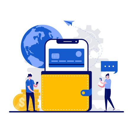 Smart wallet, money transfer to e-wallet, bank transaction service concept with tiny character. People pay with credit card flat vector illustration. Financial savings and online payment metaphor.のイラスト素材