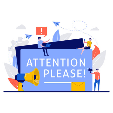 Attention please concept with tiny character. People holding and speaking through megaphone flat vector illustration. Exclamation point, announcement, important information metaphor.のイラスト素材