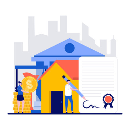 Buying a home, real estate on credit concept with tiny character. People sign agreement and pay interest flat vector illustration. Investment, mortgage, house loan, account, banking metaphor.のイラスト素材