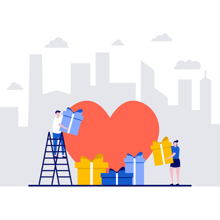 Preparation for Valentine's Day concept with tiny character. People with big heart and love holiday symbol flat vector illustration. Can use for poster, card, background, web banner or landing page.のイラスト素材