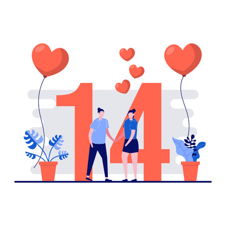Happy valentine's day festival concept with tiny character. Loving couple with 14 date text and red heat flat vector illustration. Can use for poster, card, background, web banner or landing page.のイラスト素材