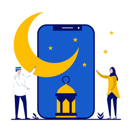 Happy ramadan mubarak greeting concept with tiny people. Muslim people communication by smartphone for eid fitr flat vector illustration. Can use for poster, card, background, landing page idea.のイラスト素材