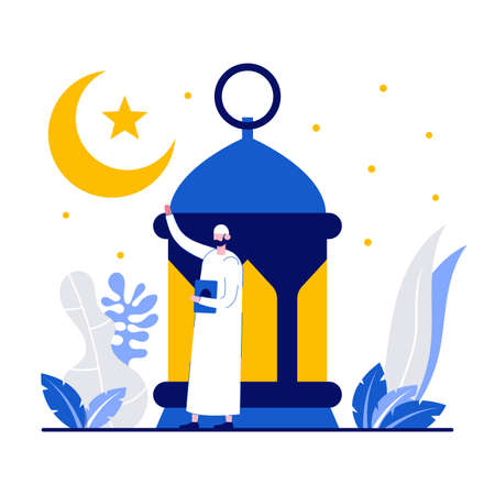 Happy ramadan mubarak greeting concept with tiny people. Islamic eid fitr flat vector illustration. Can use for poster, card, background, social or print media, web banner or landing page idea.のイラスト素材