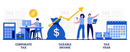 Corporate tax, taxable income, tax year concept with tiny people. Tax payment abstract vector illustration set. Company auditing, bookkeeping and accounting, finance analytics metaphor.のイラスト素材