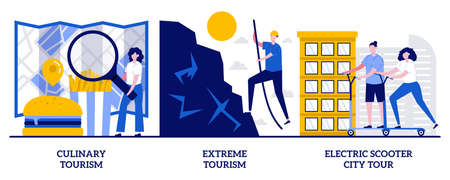 Culinary tourism, extreme tourism, electric scooter city tour concept with tiny people. Adventure...