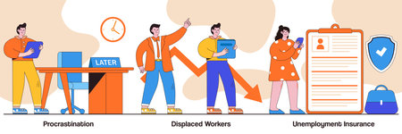 Procrastination, displaced workers, unemployment insurance concept with tiny people. Business termination vector illustration set. Professional burnout, lost job position, claim form metaphor.のイラスト素材
