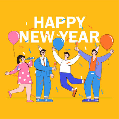 Happy New Year 2022 concept with group of people celebrating in flat design. Family party with...