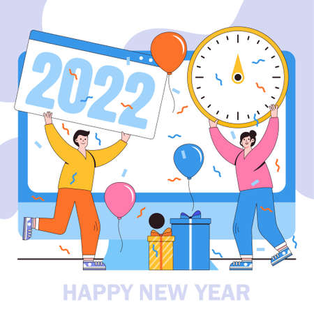 Happy New Year 2022 concept with group of people celebrating in flat design. Party with gift box, balloons and 2022 text. Vector illustration for background, greeting card, social media banner.のイラスト素材