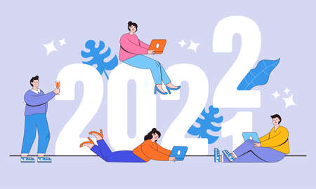 Happy New Year 2022 concept with group of people celebrating in flat design. Start countdown on new...