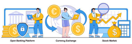 Open banking platform, currency exchange, stock market concept with people characters. Financial system illustration pack. Finance digital transformation, stock exchange, and economy profit metaphor.のイラスト素材