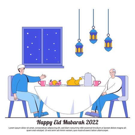 Happy Ramadan Mubarak greeting concepts with foods, lantern, and muslim family characters eats iftar. Islamic eid Fitr illustrations for web landing page template, banner, social, ad, promotion.のイラスト素材