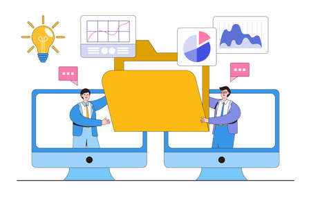 Outsourcing service, passing or transferring work to another worker, and remote work or telework concepts illustrations. Businessman boss pass or relay file document to outsource team.のイラスト素材