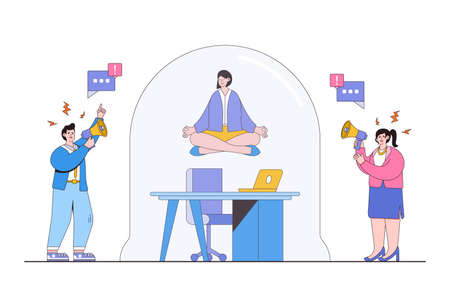 Ignore noise or distractions, remain calm, avoid conflict or problems, and challenges of working in toxic workplace concepts. Businesswoman meditating and keep calm while ignoring from people noise.のイラスト素材