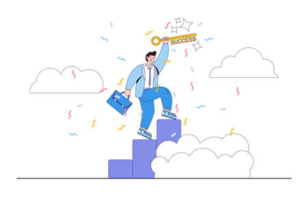 Key to business success, stairway to find a secret key, or achieving a career goal concepts illustrations. Businessman winner with briefcase climbs stairs and lifting golden success key to the sky.のイラスト素材