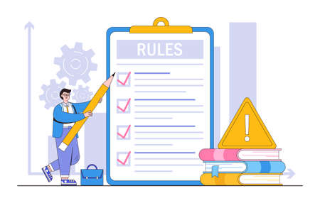 Rules and regulations, employee policies and guidelines, legal term, corporate compliance or laws, standard procedure concepts. Businessman studying list of rules, reading guidance, making checklist.のイラスト素材