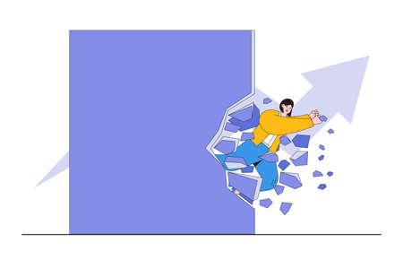 Gender barrier, women career obstacle or inequity, limitation or discrimination, effort to overcome problem concepts. Strong businesswoman try with full effort to break the wall to growing in work.のイラスト素材