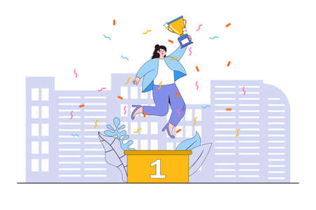 Employee success recognition, encouragement and motivation, cheering or honor on success or achievement concepts. Businesswoman is jumping on a winners pedestal with a golden cup in the hand.のイラスト素材