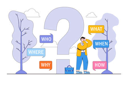 5W1H asking questions to find solution, thinking process or a business study to generate a new idea concepts. Confused businessman on large question mark with who what where when why and how.のイラスト素材