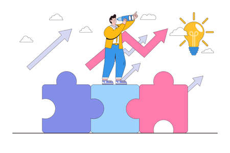 Finding solution to finish or complete a task, leadership mission, or business challenge concepts. Businessman standing on unfinished jigsaw puzzle, with binoculars searching for a missing piece.のイラスト素材