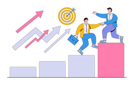 Teamwork to achieve goal, leadership to construct team that is walking up rising growth arrow, and career development concepts. Businessman leader helps partner to rise to top red bar graph.のイラスト素材
