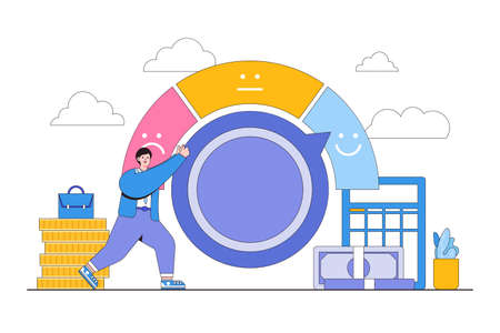 Quality control or improvement, credit score or satisfaction measurement, performance rating or customer feedback concepts. Businessman trying to turn string and make gauge to excellent position.のイラスト素材