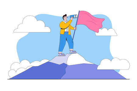 Success fearless female entrepreneur, woman leadership or challenge and achievement concepts. Businesswoman on top mountain holds a winning flag and binoculars, looking for a future visionary.のイラスト素材