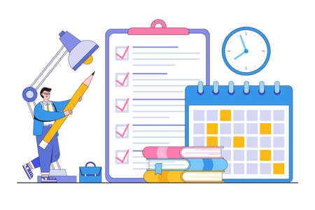 Project tracking, time management, goal tracker, task completion, or checklist to remember project progress concepts. Businessman put marks into check boxes and filling checklist on huge clipboard.のイラスト素材