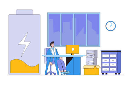 Overwork and overload work make employees exhausted and stressed, result in depression, burnout, and decrease productivity concepts. Fatigue or tired businesswoman with low energy work laptop.のイラスト素材